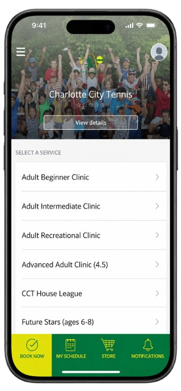 Charlotte City Tennis mobile app showing booking screen